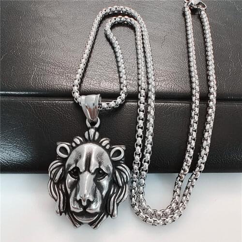 Gothic Stainless Steel Animal Lion Head Pendant Mens Chain Punk Hip Hop Biker Lion Necklace Cool Male Jewelry Gift