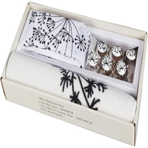 Dandelion Design 14 PC Bathroom Shower Curtain Set With Hand-Painted Hooks and Carpet