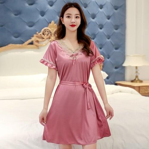 2020 High Quality New Summer Ice Silk Nightgown Female Home Service Loose Plus size Comfort Imitation Silk Sexy Woman Nightdress
