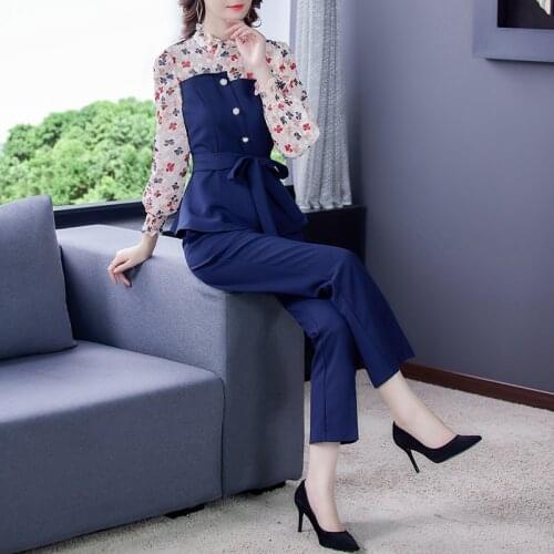 2021 spring summer new fashion temperament casual professional suit is thin floral chiffon shirt trousers two-piece suit women