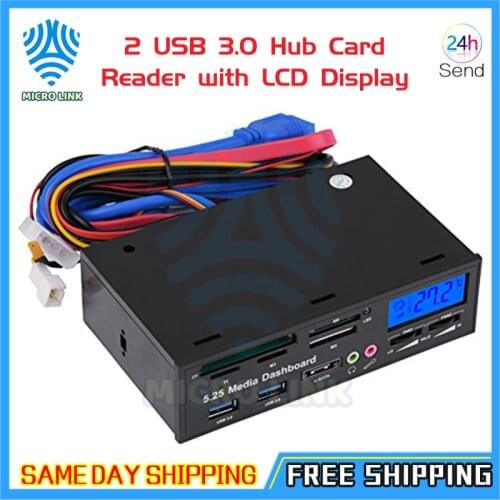 PC Dashboard Media Front Panel, 5.25" Multifuntion Desktop Media Dashboard Front Panel 2 USB 3.0 Hub Card Reader with LCD Displa