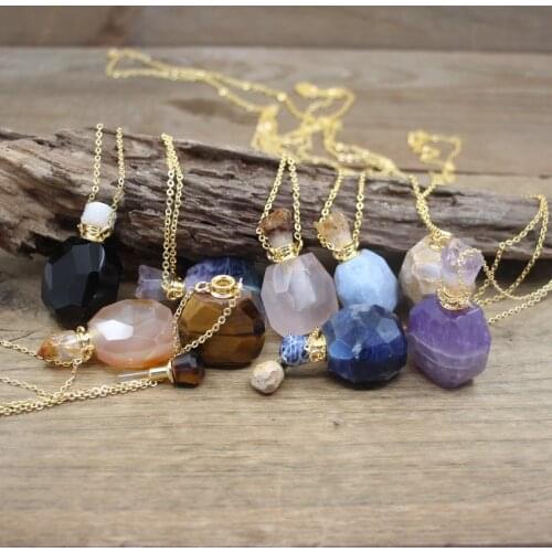 Druzy Caps Obsidian Perfume Bottle Pendant Necklace Fluorite Amethysts Essential Oil Vial Charms Women Fashion Jewelry QC1110