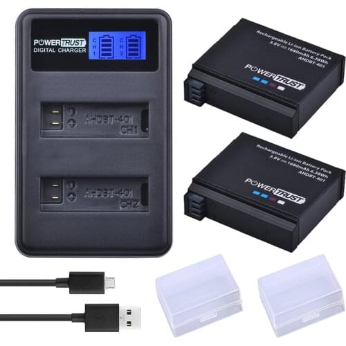 Powertrust 2PCS for Gopro Hero4 AHDBT-401 AHDBT 401 Battery + LCD Display Dual USB Charger for Gopro Hero4 HD Camera P0019279