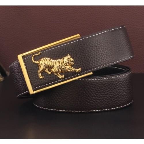 New Tiger Belt Mens Fashion Sliding Buckle Cow Leather 3.8cm Wide Black Belt Cintos Masculinos Black Cowskin Casual