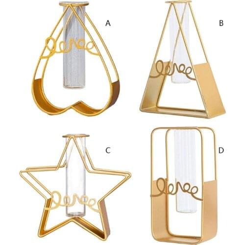 Glass Flower Vase with Geometric Golden Metal Rack Stand Wall Mounted Crystal Transparent Test Tube Planter Holder Plant GXMA