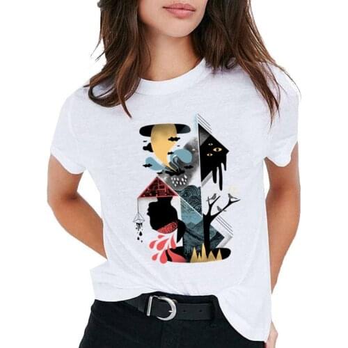 Stereo Projeto abstrato Impressão Moda Manga Curta O Pescoço t-shirt Das Mulheres t shirt do Verão Ladies Tops T Camisa Branca