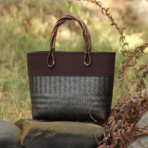 31x20CM Thailand Handmade Bamboo Woven Bag Art Rattan Bucket Bag Vacation Beach Bag Retro Handbag a6109