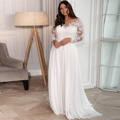 Vestidos Elegant Wedding Dresses Chiffon Appliques Pleat Bateau Full Sleeve Lace Up Plus Size A-Line Bridal Gowns