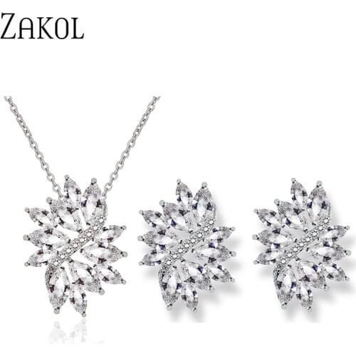 ZAKOL Fashion Wedding Bride Wearing Luxury Women Jewelry Set Shiny Zircon Costume Earring Necklace Set FSSP3136