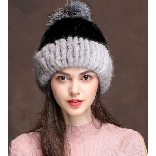 Womens Natural Mink Winter Hats for Women Streetwear Knitted Bonnet Large Fox Fur Pompom Hat Czapka Zimowa MY823