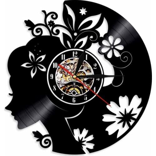 Lady Flowers Hair Vinyl Record Wall Clock Modern Design Girl With Floral Hair Wall Clock for Kids Children Room Wall Decor Gift