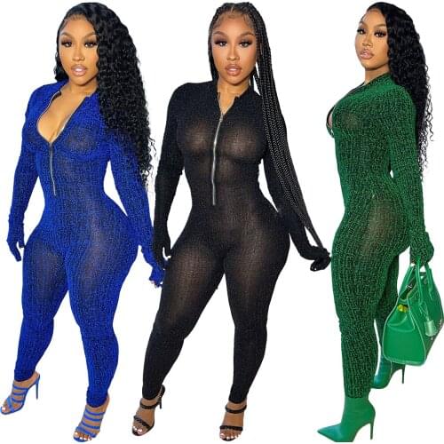2021 New Autumn And Winter Arrival Fashion Womens Solid Color Mesh Long Sleeve Zipper Jumpsuits Overalls For Women Outfits