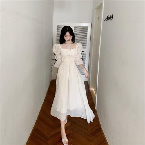 Sannian Dress Women Spring And Summer 2021 New Square Collar Pleated Fairy Dress Waist Thin A-line Dresses Clothes