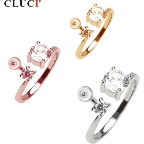 CLUCI Adjustable Silver 925 Pearl Ring Mounting for Women Wedding Engagement Jewelry Sterling Silver Simple Zircon Ring SR2011SB