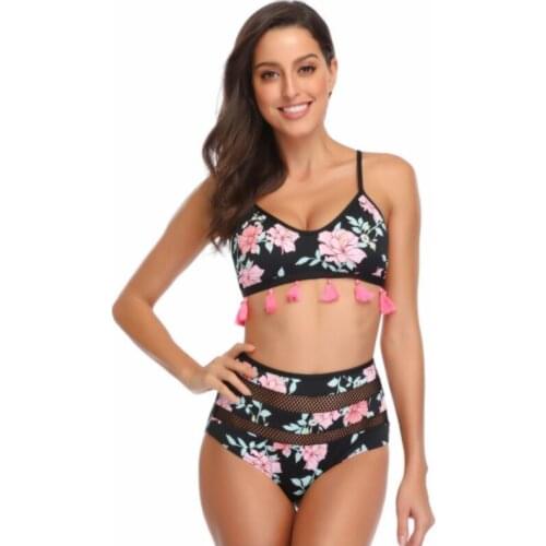 2021 Womens sexy split swimsuit with new ribbon tassels Bathing Suit Flowers Summer Beach Wear Beachwear Two Piece Bikini