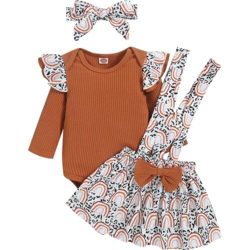 2021 0-18M Baby Girl Clothing Ruffle Shoulder Long Sleeve Round Neck Ribbed Romper+Rainbow Print Strap Skirt Fall Cute 3pcs Set