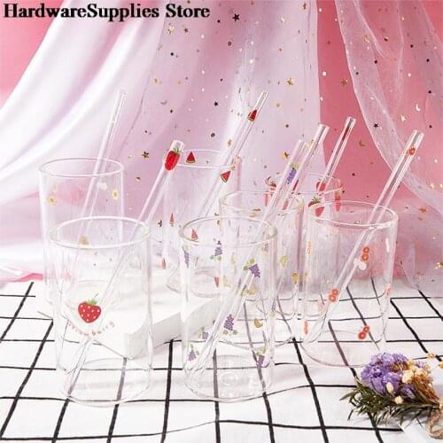 300ml Strawberry Cute Nordic Glass Cup With Straw Milk Heat Resistant Glass Mug