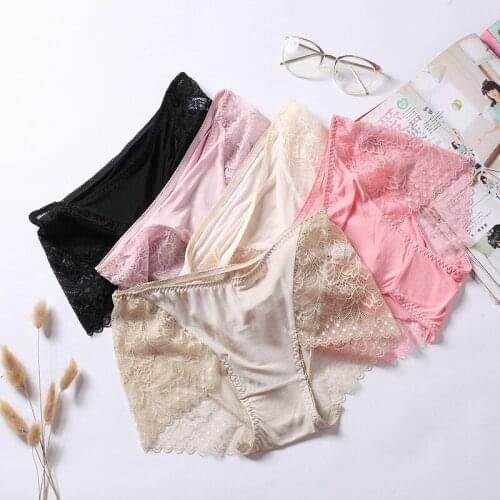 Birdsky, 3pcs 100% natural mulberry silk Women briefs panties underwear, lace mesh, mid waist, quick dry, 5 colors. OR-14
