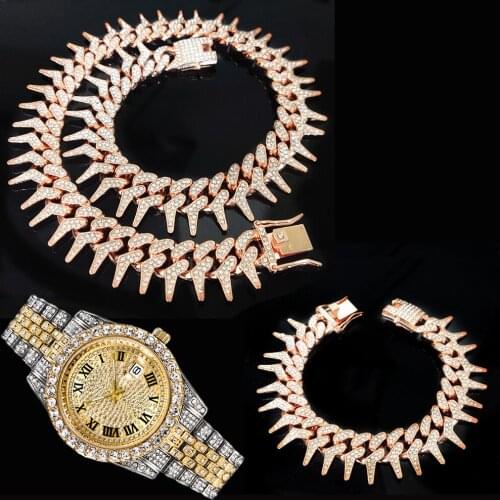 3pcs Kit Hip Hop 25MM Heavy Iced Out Cuban Bling Link Full AAA Crystal Pave Watch+Thorns Necklace+Bracelet for Men Jewelry