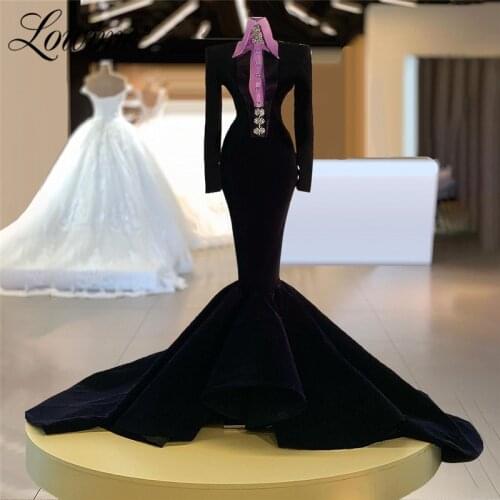 Black Velvet Elegant Long Mermaid Evening Dresses Dubai Design Formal Women Party Dress 2021 Customize Crystals Prom Gowns Robes