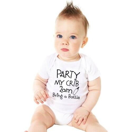 Baby FunnyRomper Party At My Crib 2AM Bring A Bottle Print Summer Letter Jumpsuit Newborn Boys Girls Cute Playsuit