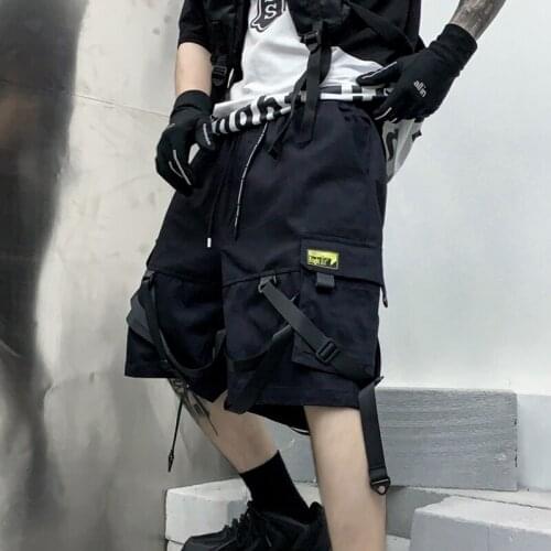 Men shorts ribbons hip hop cargo shorts casual streetwear shorts mens harajuku punk short pants bermuda homme