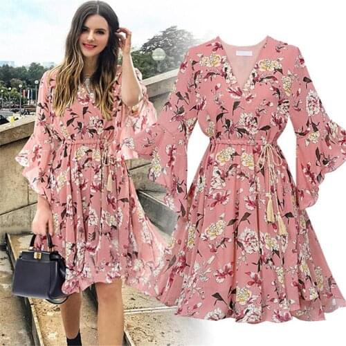 Elegant Women Bohemia Chiffon Dress Floral Printing Short Sleeve V-neck Casual Loose Elegant Party Dress Vestido De Mujer @40