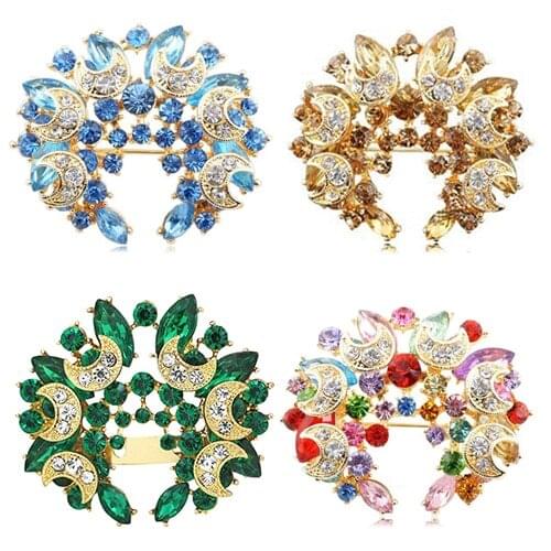 Elegant Women Brooches Crystal Floral Flower Moon Shape Hijab Scarf Corsage Coat Sweater Clips Broches spille Wedding gioielli