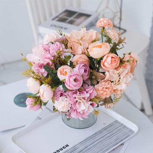 Artificial Flowers Retro Silk Rose Bouquet Hydrangea Peony Vintage Bride Holding Fake Flower Home Wedding Decoration Accessories