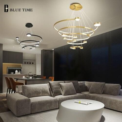 Circle 4Rings Modern Led Luxury Chandelier For Living room Foyer Bedroom Dining room Black Gold Indoor Lighting Lamp Fixtures
