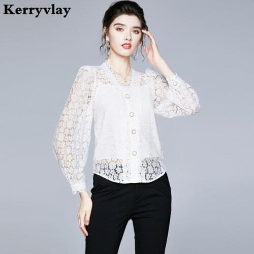 Fashion Long-Sleeved White Lace Shirt Womens Tops and Blouses blusas mujer de moda 2021 Lady V-neck 2-Piece Set shirt 8712