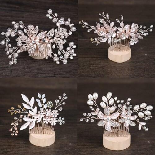 Fashion Rose Gold Hair Combs Hairpins Clips Sets Pearl Crystal Hair Jewelry Handmde Flower Bridal Wedding Women Hair Accessories