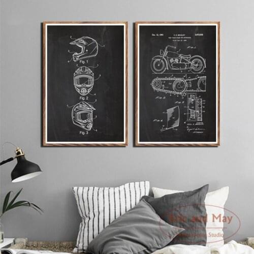 Motorcycle Motocross Helmet Blueprint Art Painting Vintage Canvas Poster Wall Home Decor