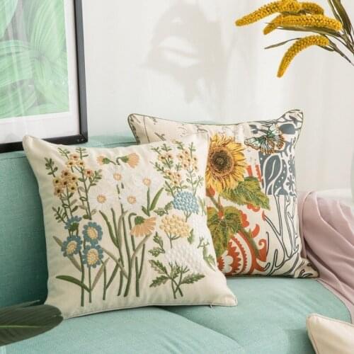 Colorful Sunflower Butterfly Embroidery Cushion Cover Decorative Throw Linen Pillowcase Cover Home Decoration for Sofa 45*45cm