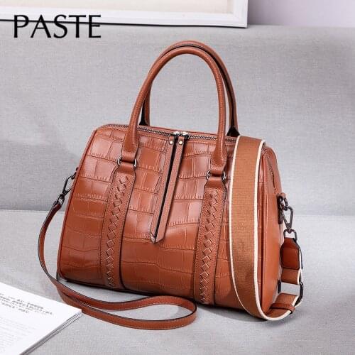 New Stone Pattern Knitting Tote Pillow Bag Cowhide Leather Women Handbag Coffe Brown Solid Color Shoulder Messenger Boston Bag