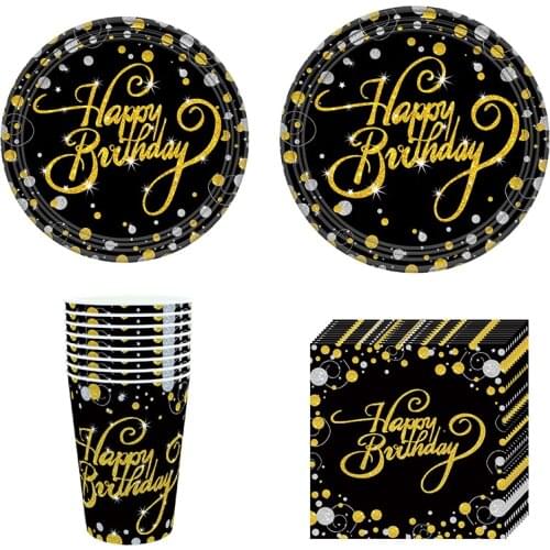 Gold Black Happy Party Birthday Disposable Tableware Paper Cup Plate Napkins Banner for Kid Birthday Party Decoration Supplies