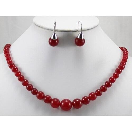 New design nice 6-12mm 18" red Natural JADE beads necklace and 8mm red Natural JADE earrings set