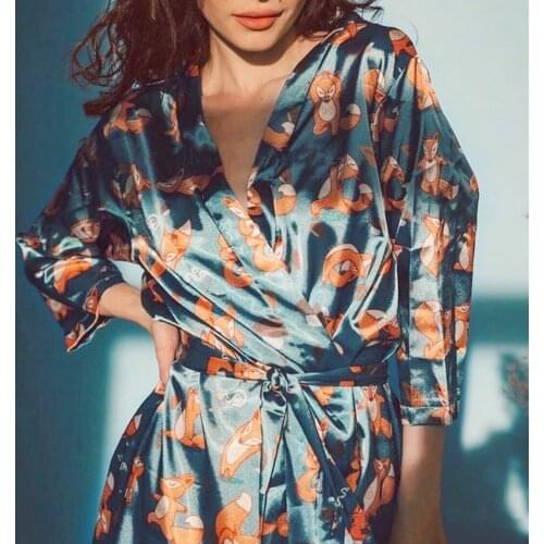 Cute Pajamas Robes Satin Kimono Bathrobe Bridesmaid for Women Sexy Nightgown V-neck Dormir Tops with Belt Fox Printing Sleepwear