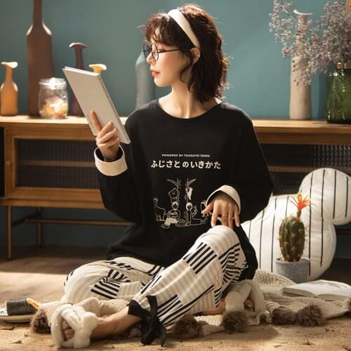 SLPBELY Women Pajamas Set Pyjamas Spring Cartoon Round Neck Long Sleeve Casual Sleepwear Homewear Nightwear Home Clothes Suit
