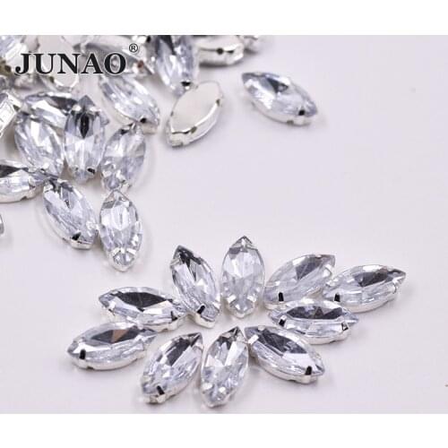 JUNAO 7*15mm Sew On Clear Horse Eye Rhinestone Silver Applique Flatback Acrylic Gems Sewing Strass Crystal Stones for DIY Dress
