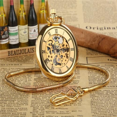 Retro Roman Numerals Steampunk Luxury Gold Skeleton Mechanical Pocket Watch Hand Winding FOB Chain Men Women Watches Gifts
