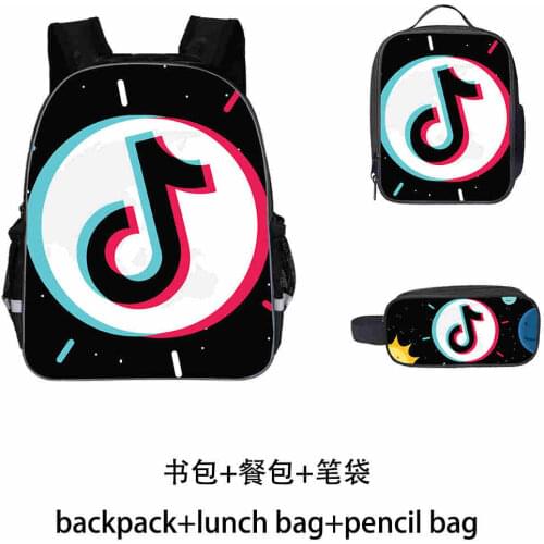 Tik Tok vibrato Backpack + student bag + Lunch Bag + pen bag three piece 360 tiktok reflection