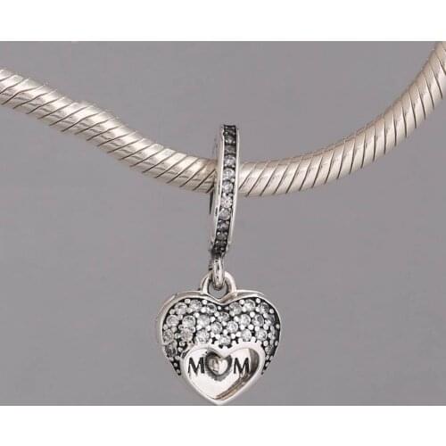 S925 Silver Pendant Bead Charm for Women Bracelet Bangle I Love My Mom Dangle Charm Clear CZ DIY Jewelry