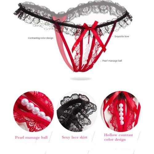 Sexy Sexy Panties Open Crotch File Ball Private Parts Pearl Lace Bow Transparent Massage Hollow Belt Thongs Women Mini Panties