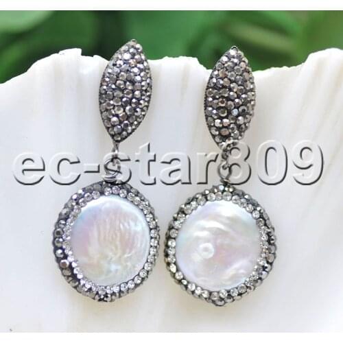 P7260 Handmade Black CZ Inlay 20mm White Coin Freshwater Dangle Earring