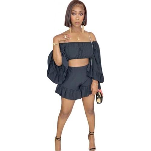 Womens Shorts Suit Off Shoulder Ruffles Ladies Set Long Sleeve Crop Tops And Loose Short Pants Fashion Casual Summer 2021