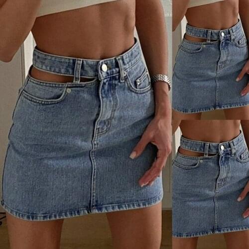 40GC Women Sexy Irregular Hollow Out High Waist Mini Denim Skirt Solid Color Package Hip Zipper Blue Slim Summer A-Line with