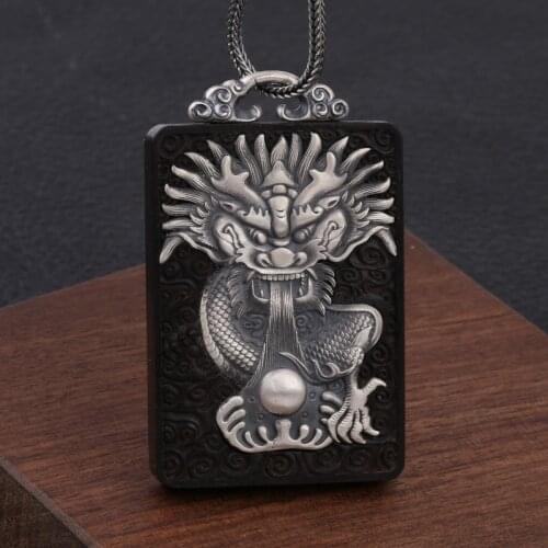 925 Sterling Silver & sandalwood dragon Pendant Charm jewelry mens gift A4733
