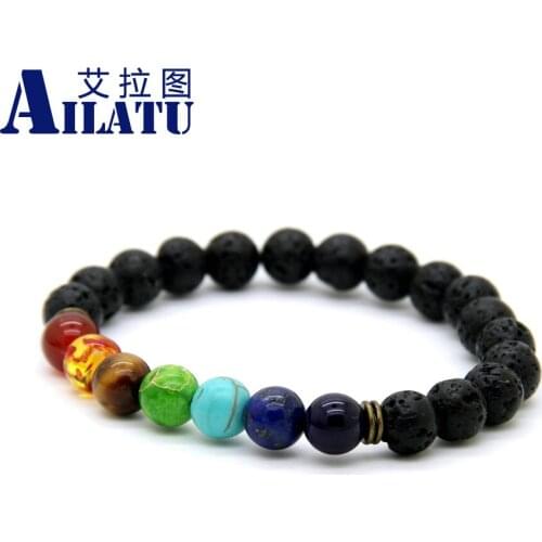 Ailatu Lava Stone with Sediment, Tiger Eye Stone 7 Reiki Chakra Healing Balance Beads Stretch Energy Bracelet