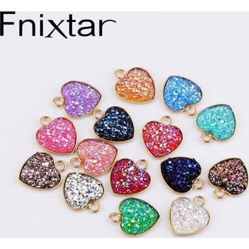 Fnixtar Love Heart Charms PVD Gold Color Stainless Steel Glitter Faux Druzy Resin Charm Pendant For Women DIY Making 30piece/lot